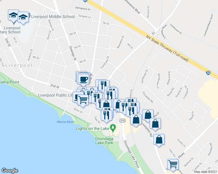 map of restaurants, bars, coffee shops, grocery stores, and more near 106 Hazel Street in Liverpool