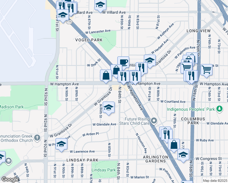 map of restaurants, bars, coffee shops, grocery stores, and more near 8525 West Grantosa Drive in Milwaukee