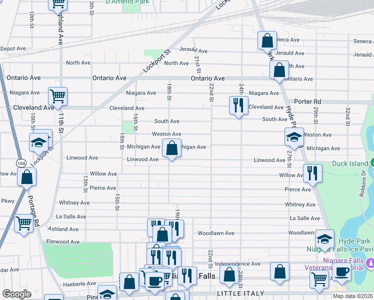 map of restaurants, bars, coffee shops, grocery stores, and more near 1839 Michigan Avenue in Niagara Falls