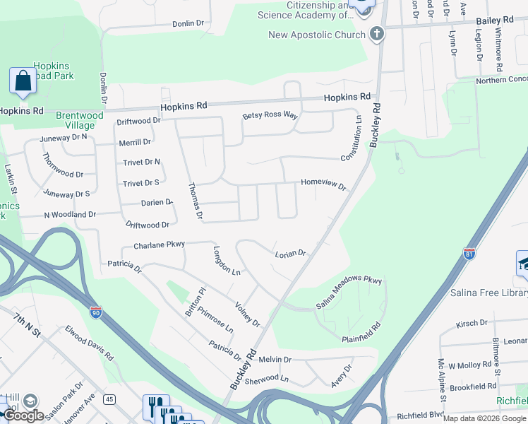 map of restaurants, bars, coffee shops, grocery stores, and more near 6863 Thomas Drive in Liverpool