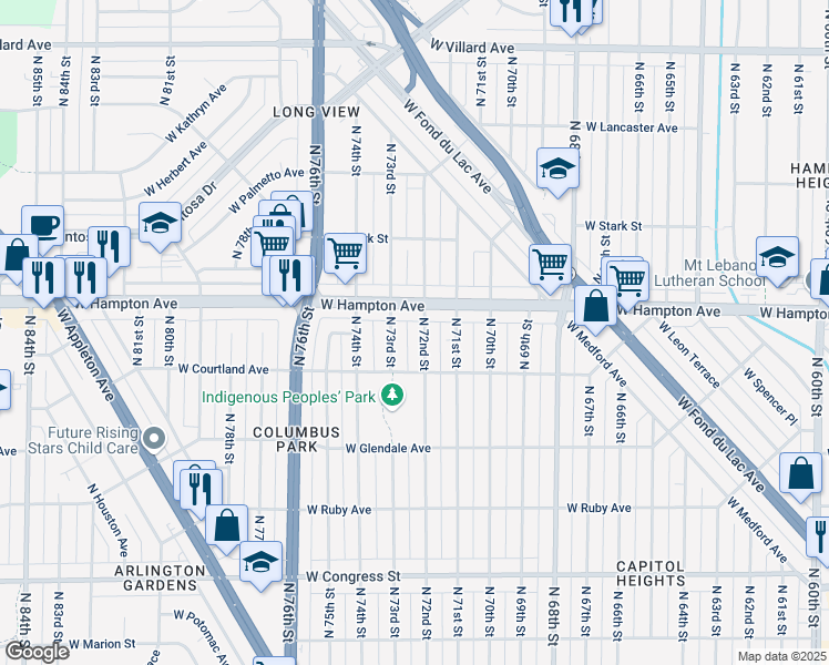 map of restaurants, bars, coffee shops, grocery stores, and more near 4747 North 72nd Street in Milwaukee