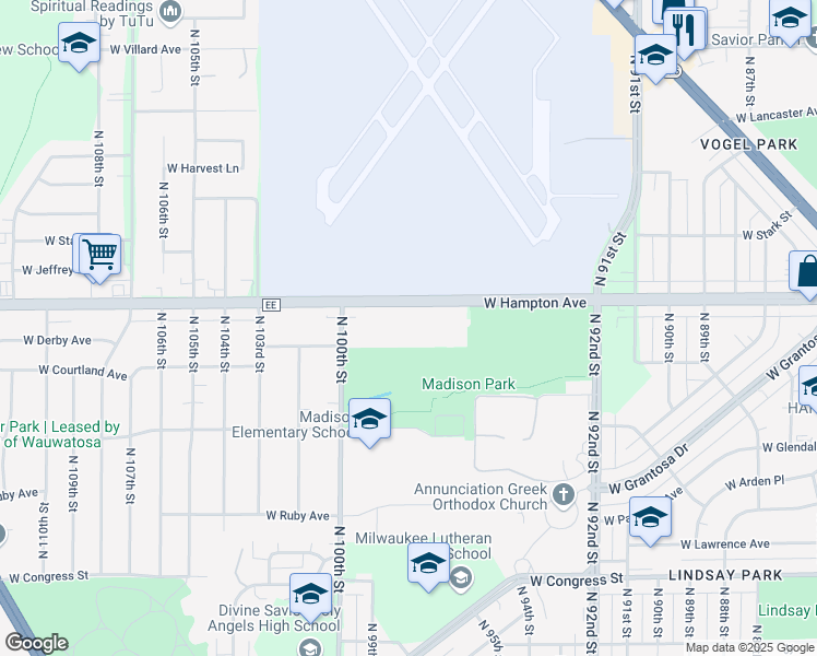 map of restaurants, bars, coffee shops, grocery stores, and more near 9617 West Hampton Avenue in Milwaukee
