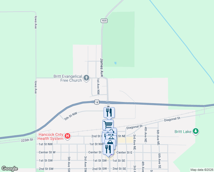 map of restaurants, bars, coffee shops, grocery stores, and more near 8th St NW in Britt