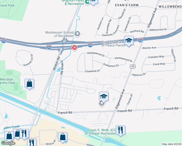 map of restaurants, bars, coffee shops, grocery stores, and more near 85 Chadwick Drive in Rochester