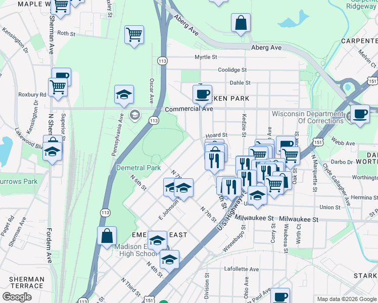 map of restaurants, bars, coffee shops, grocery stores, and more near 2551 Hoard Street in Madison