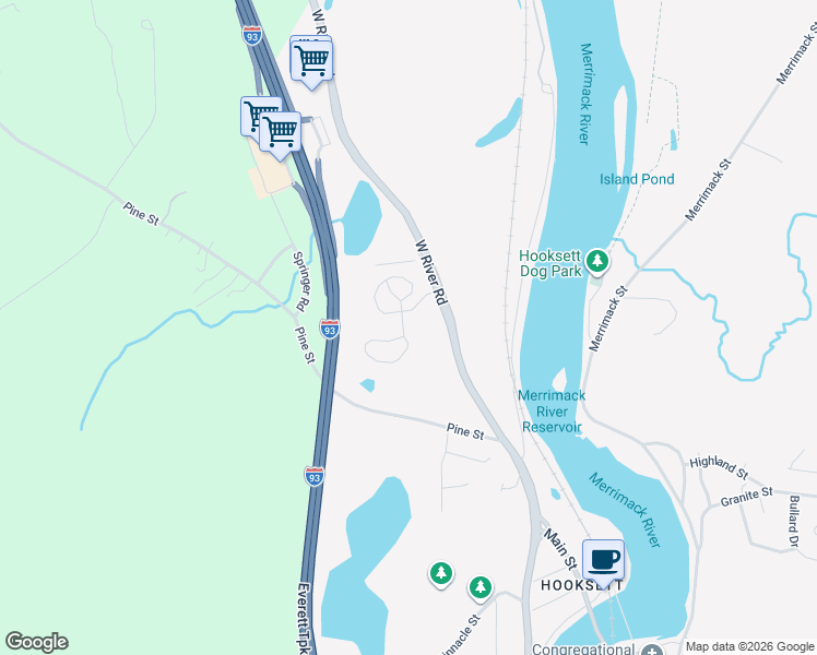 map of restaurants, bars, coffee shops, grocery stores, and more near 502 West River Road in Hooksett