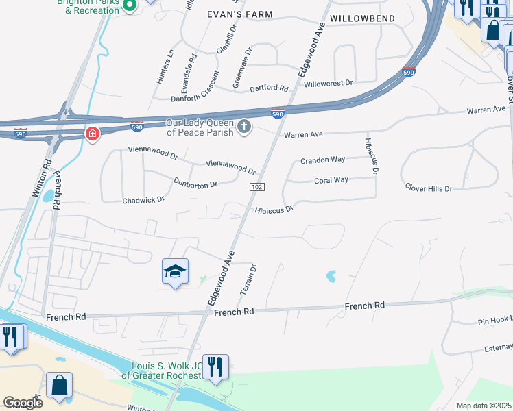 map of restaurants, bars, coffee shops, grocery stores, and more near 5 Hibiscus Drive in Rochester