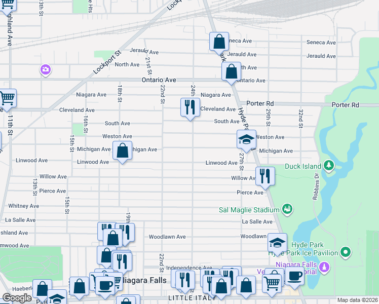 map of restaurants, bars, coffee shops, grocery stores, and more near 2401 Michigan Avenue in Niagara Falls