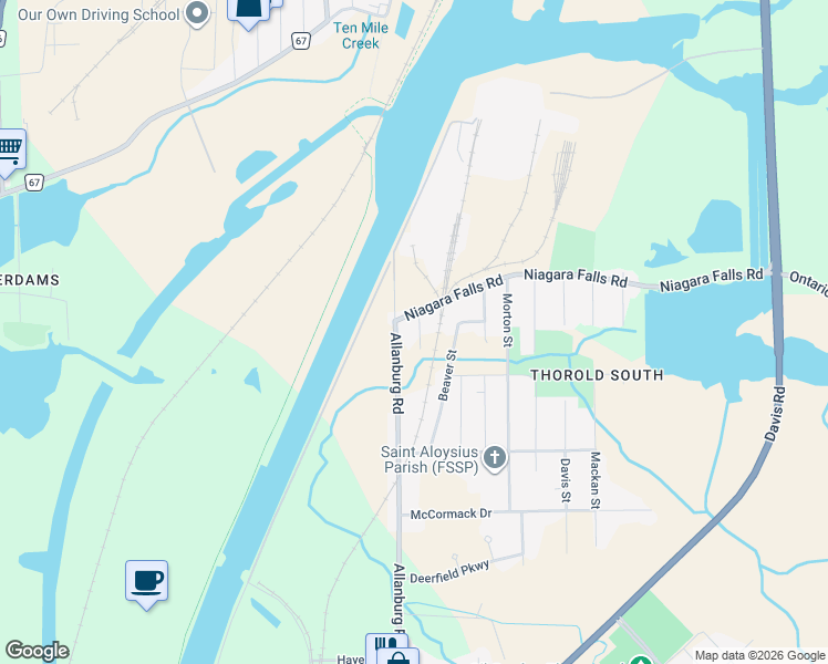 map of restaurants, bars, coffee shops, grocery stores, and more near 125 Peel Street in Thorold