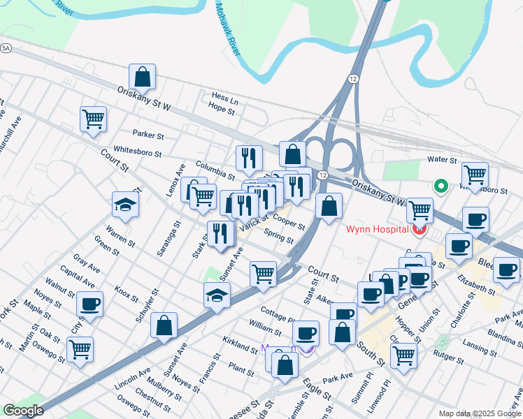 map of restaurants, bars, coffee shops, grocery stores, and more near 804 Hamilton Street in Utica
