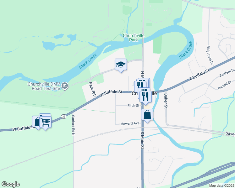 map of restaurants, bars, coffee shops, grocery stores, and more near 37 West Buffalo Street in Churchville