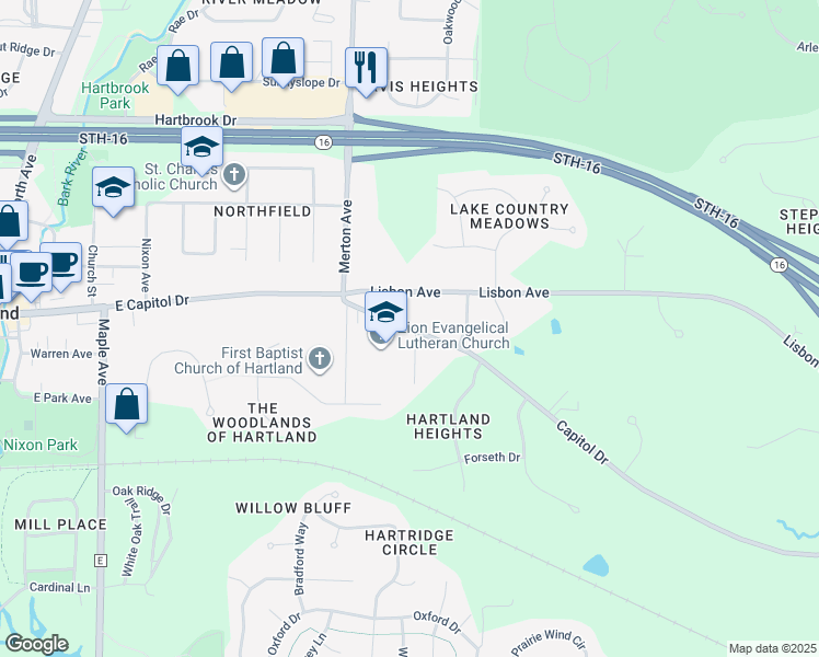 map of restaurants, bars, coffee shops, grocery stores, and more near 1119 East Capitol Drive in Hartland