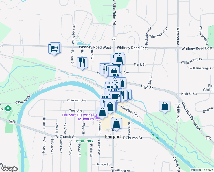 map of restaurants, bars, coffee shops, grocery stores, and more near 75 North Main Street in Fairport