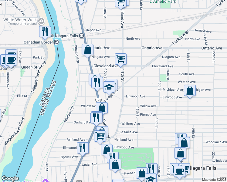 map of restaurants, bars, coffee shops, grocery stores, and more near 1634 Lockport Street in Niagara Falls