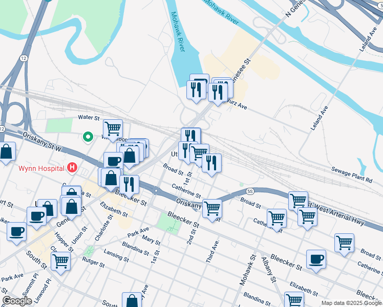 map of restaurants, bars, coffee shops, grocery stores, and more near 321 Main Street in Utica