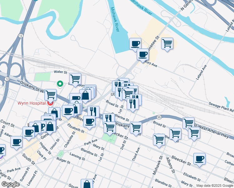 map of restaurants, bars, coffee shops, grocery stores, and more near 321 Main Street in Utica