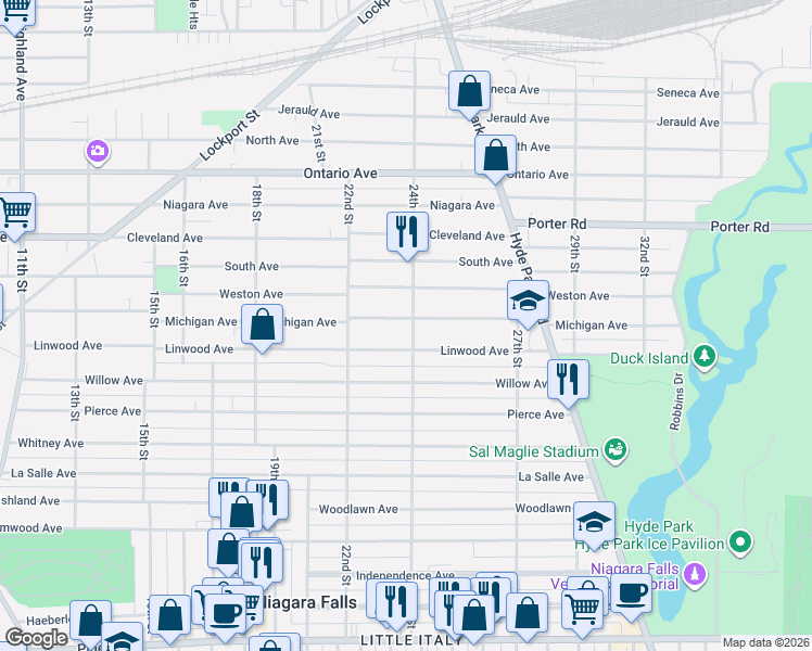map of restaurants, bars, coffee shops, grocery stores, and more near 2401 Michigan Avenue in Niagara Falls
