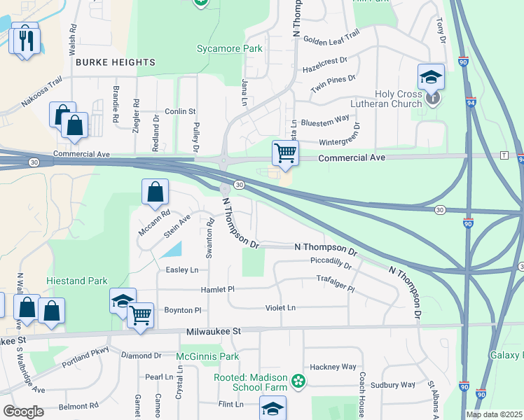 map of restaurants, bars, coffee shops, grocery stores, and more near 401 North Thompson Drive in Madison