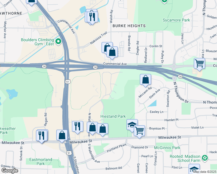 map of restaurants, bars, coffee shops, grocery stores, and more near 402 North Walbridge Avenue in Madison
