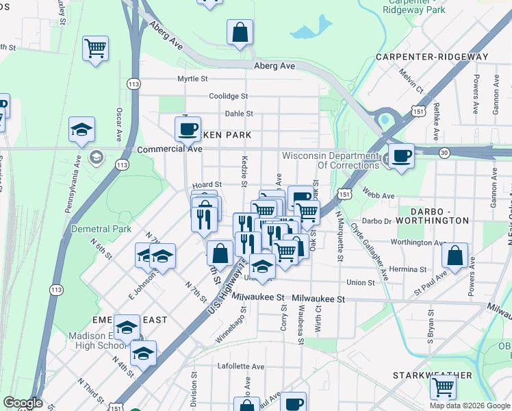 map of restaurants, bars, coffee shops, grocery stores, and more near 321 Kedzie Street in Madison