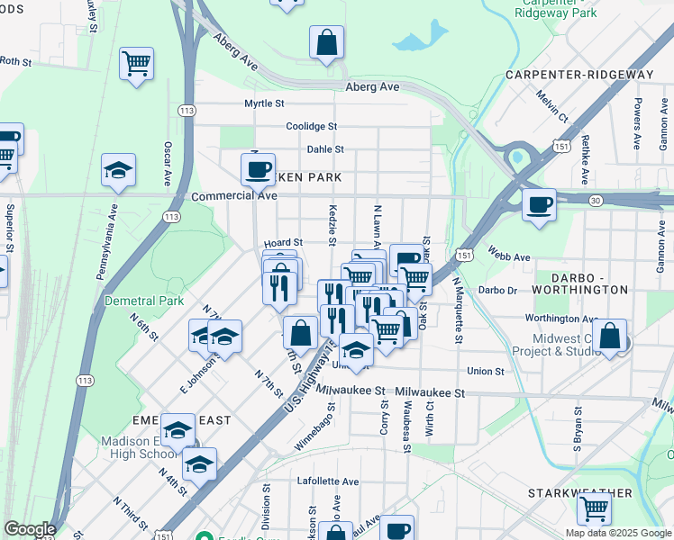 map of restaurants, bars, coffee shops, grocery stores, and more near 321 Kedzie Street in Madison