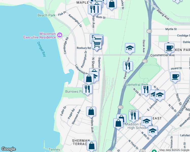 map of restaurants, bars, coffee shops, grocery stores, and more near 317 North Sherman Avenue in Madison
