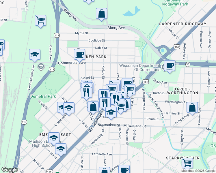 map of restaurants, bars, coffee shops, grocery stores, and more near 321 Kedzie Street in Madison