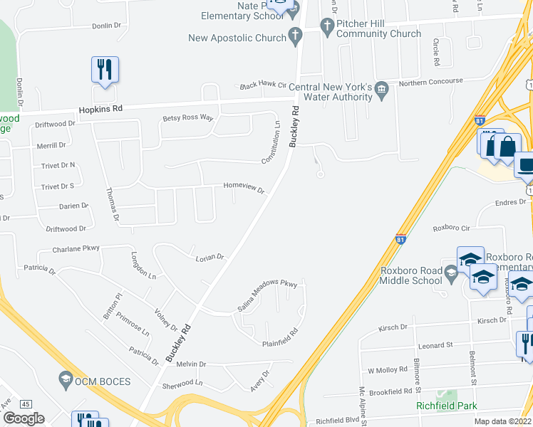 map of restaurants, bars, coffee shops, grocery stores, and more near 6900 Buckley Road in Syracuse