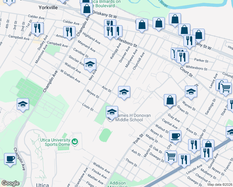 map of restaurants, bars, coffee shops, grocery stores, and more near 1128 Churchill Ave in Utica