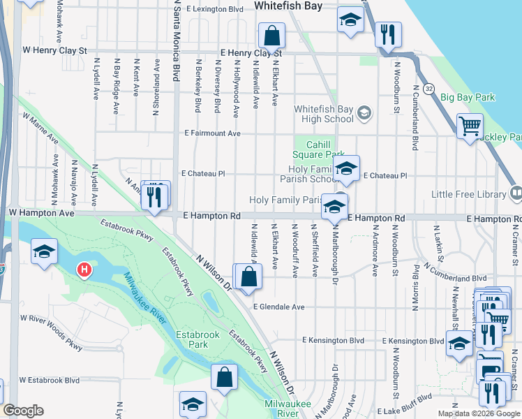 map of restaurants, bars, coffee shops, grocery stores, and more near 717 East Hampton Road in Whitefish Bay