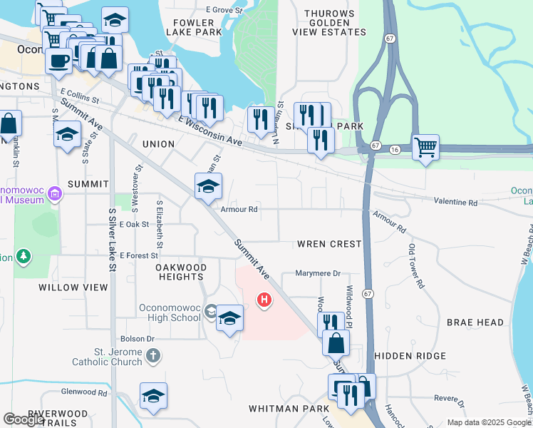 map of restaurants, bars, coffee shops, grocery stores, and more near 749 Armour Road in Oconomowoc