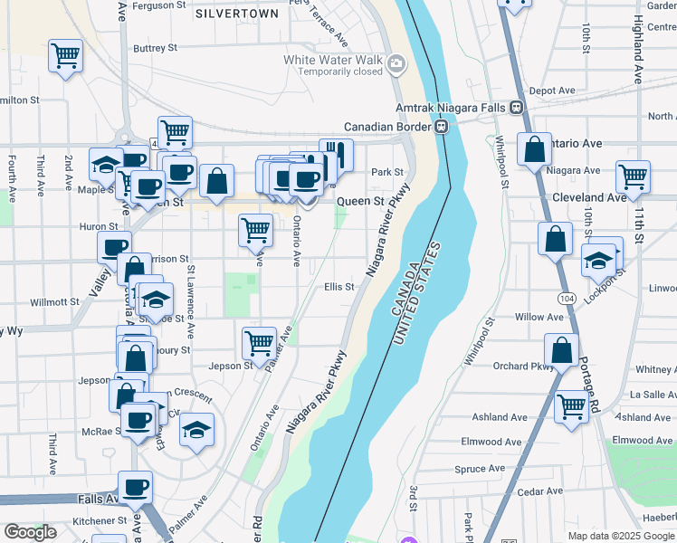 map of restaurants, bars, coffee shops, grocery stores, and more near 4828 Erie Avenue in Niagara Falls