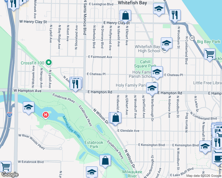 map of restaurants, bars, coffee shops, grocery stores, and more near 600 East Hampton Road in Whitefish Bay