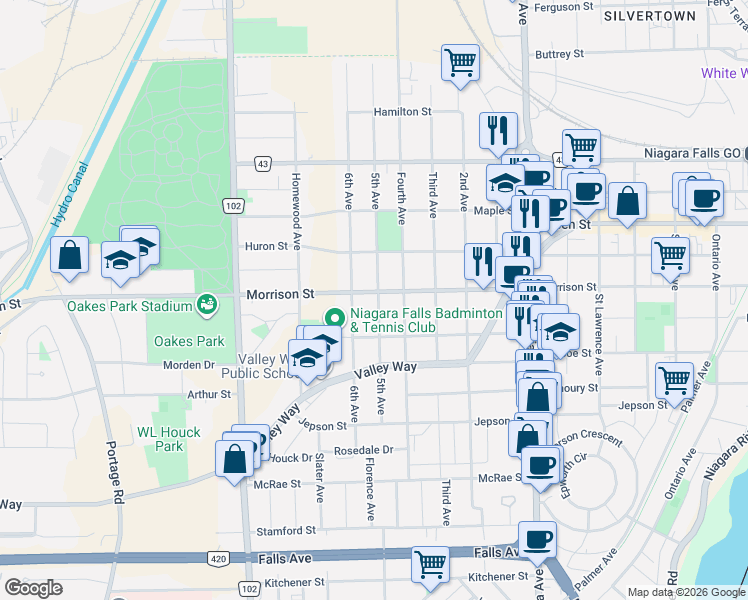 map of restaurants, bars, coffee shops, grocery stores, and more near in Niagara Falls