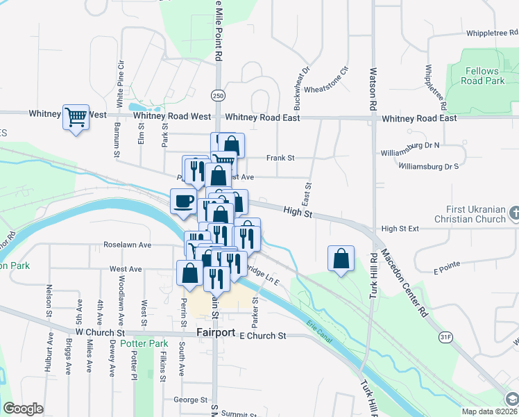 map of restaurants, bars, coffee shops, grocery stores, and more near 70 High Street in Fairport
