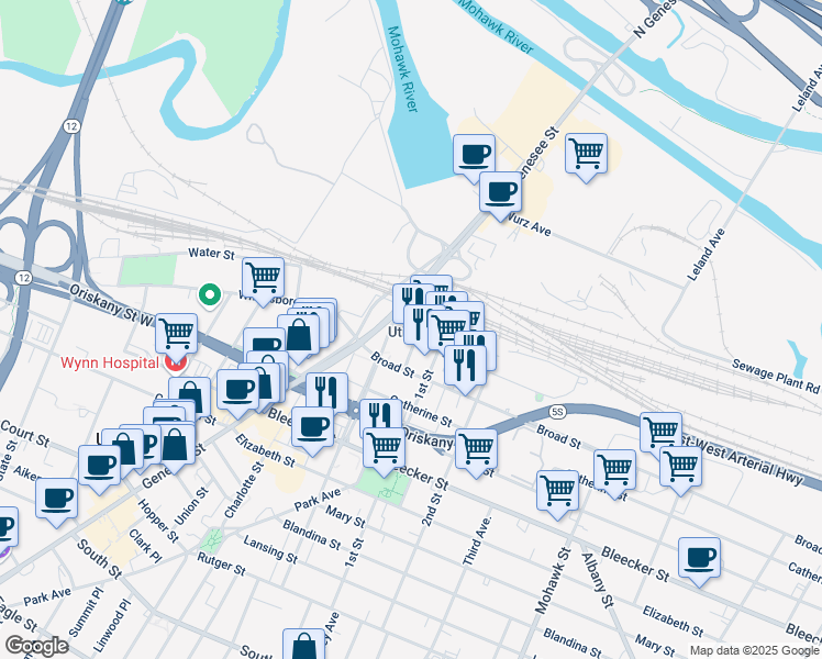 map of restaurants, bars, coffee shops, grocery stores, and more near 311 Main Street in Utica