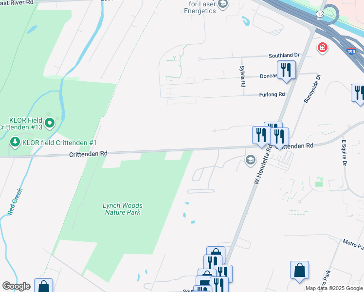 map of restaurants, bars, coffee shops, grocery stores, and more near 1430 Crittenden Road in Rochester