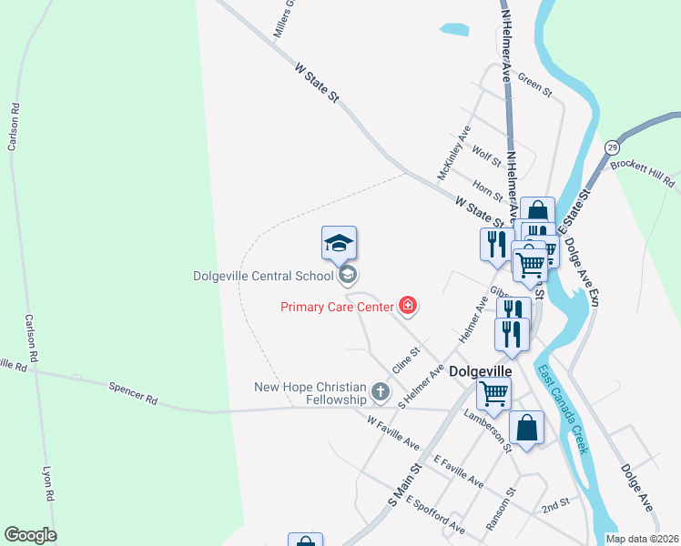 map of restaurants, bars, coffee shops, grocery stores, and more near 38 Slawson Street in Dolgeville