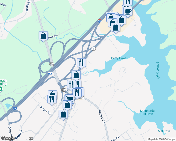 map of restaurants, bars, coffee shops, grocery stores, and more near 230 U.S. 1 in Kittery