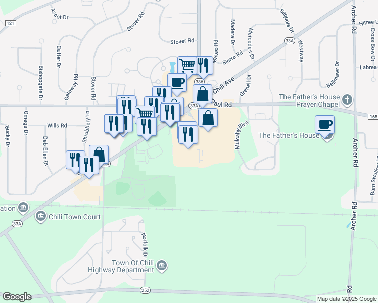 map of restaurants, bars, coffee shops, grocery stores, and more near 3181 Chili Avenue in Rochester