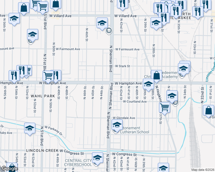 map of restaurants, bars, coffee shops, grocery stores, and more near 4770 North 44th Street in Milwaukee