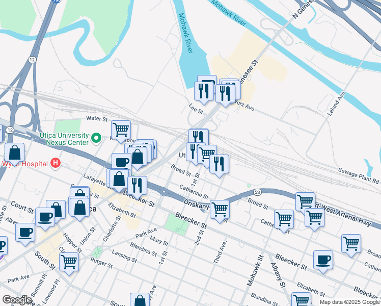 map of restaurants, bars, coffee shops, grocery stores, and more near 311 Main Street in Utica