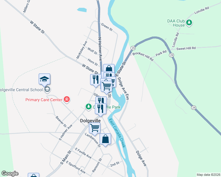 map of restaurants, bars, coffee shops, grocery stores, and more near 71 North Main Street in Dolgeville