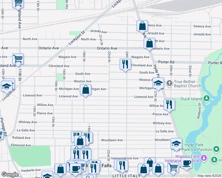 map of restaurants, bars, coffee shops, grocery stores, and more near 1885 Michigan Avenue in Niagara Falls