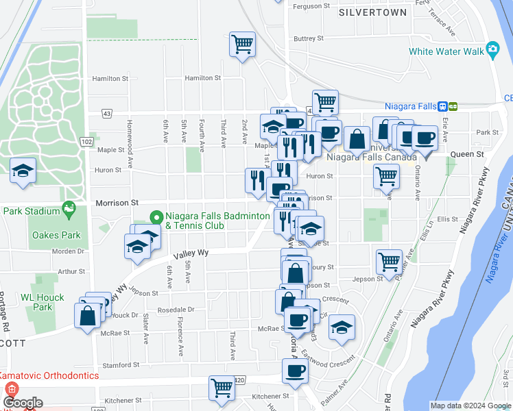 map of restaurants, bars, coffee shops, grocery stores, and more near in Niagara Falls