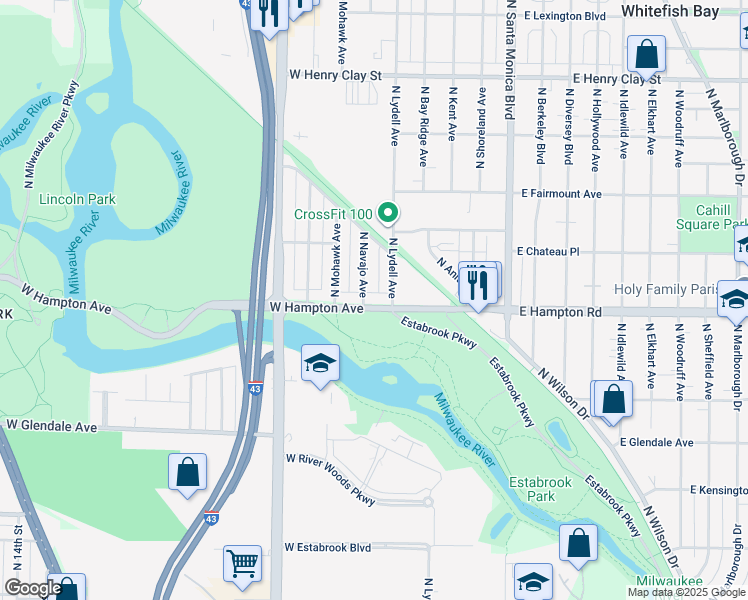 map of restaurants, bars, coffee shops, grocery stores, and more near 306 West Hampton Avenue in Milwaukee