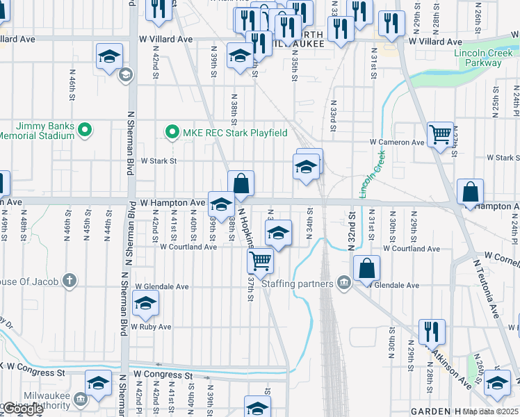 map of restaurants, bars, coffee shops, grocery stores, and more near 4771 North 36th Street in Milwaukee