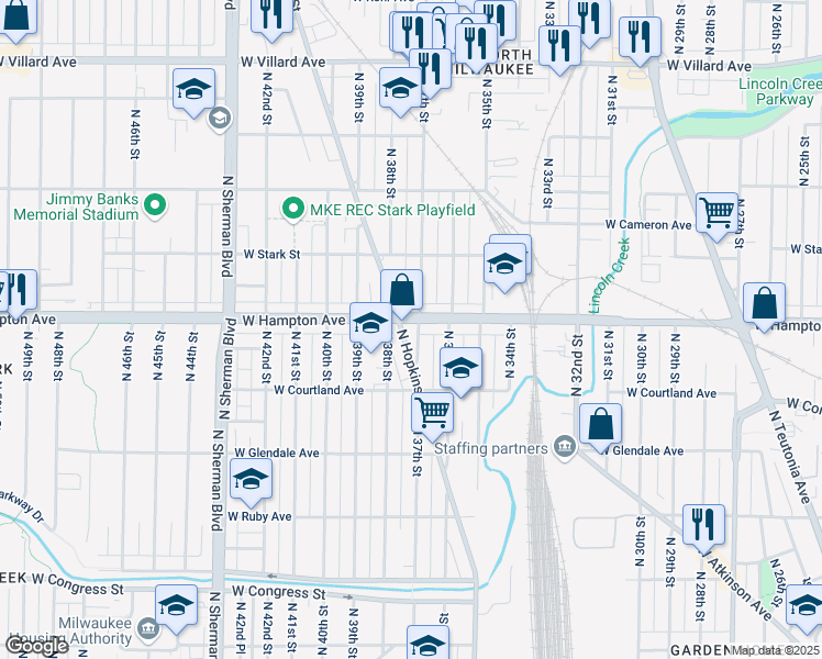 map of restaurants, bars, coffee shops, grocery stores, and more near 4767 North Hopkins Street in Milwaukee