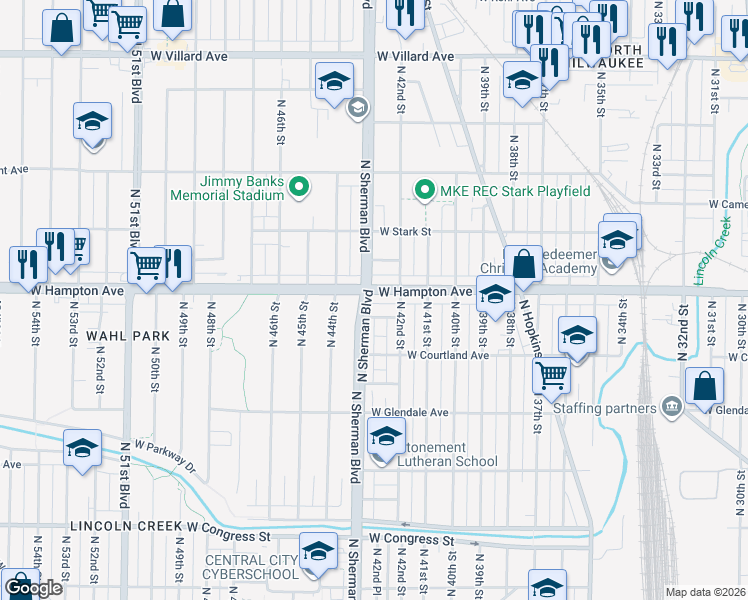 map of restaurants, bars, coffee shops, grocery stores, and more near 4228 West Derby Place in Milwaukee