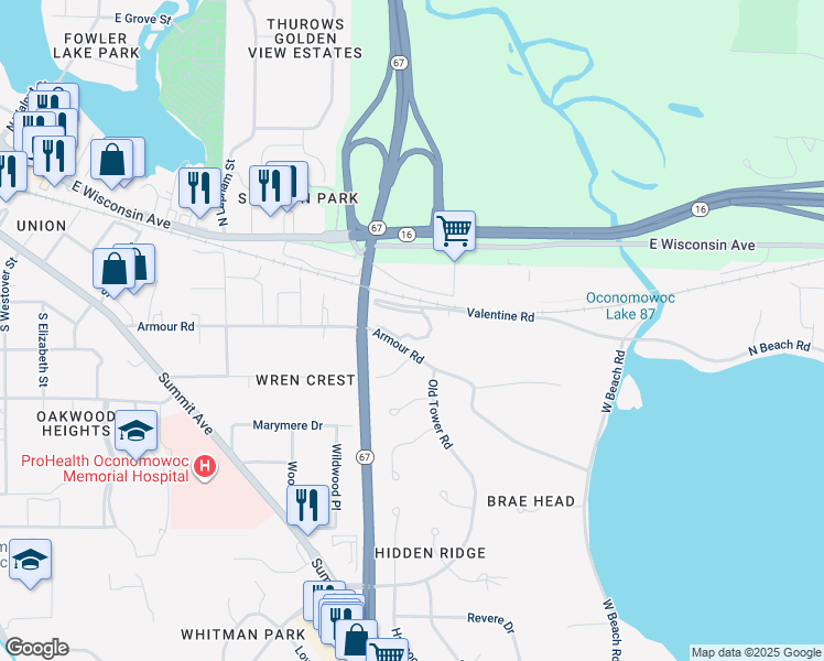 map of restaurants, bars, coffee shops, grocery stores, and more near 989 Armour Road in Oconomowoc